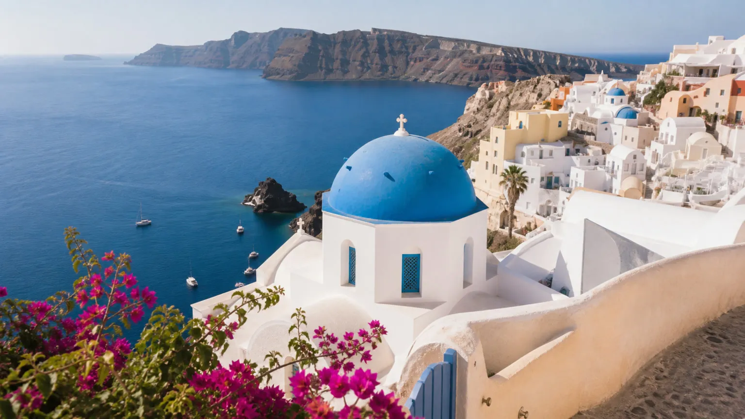 Santorini med blå kuppel, hvidkalkede huse og udsigt over calderaen og det Ægæiske Hav