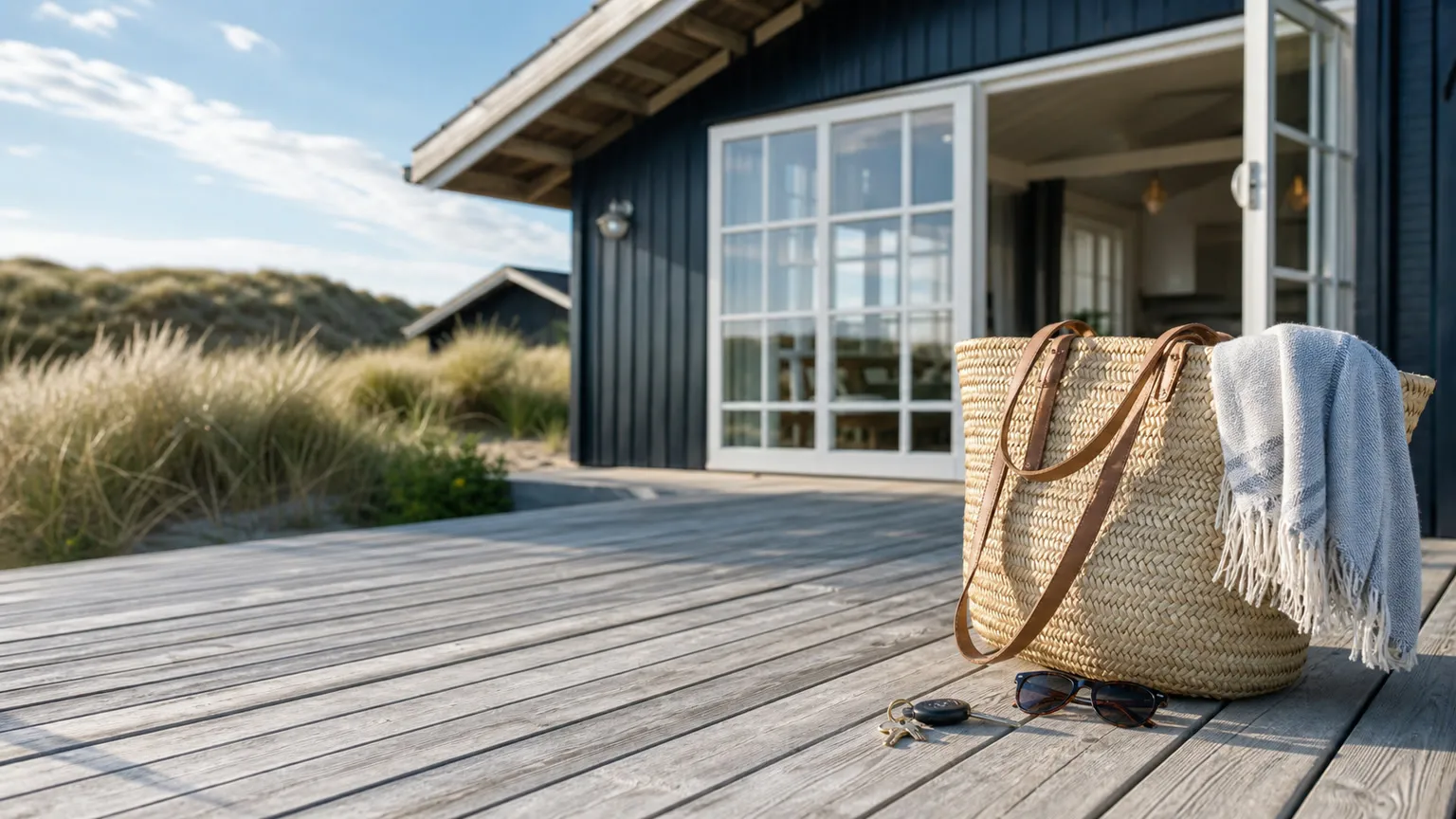 Strandtaske, nøgler og solbriller på terrassen foran et dansk sommerhus ved klitterne i solskin
