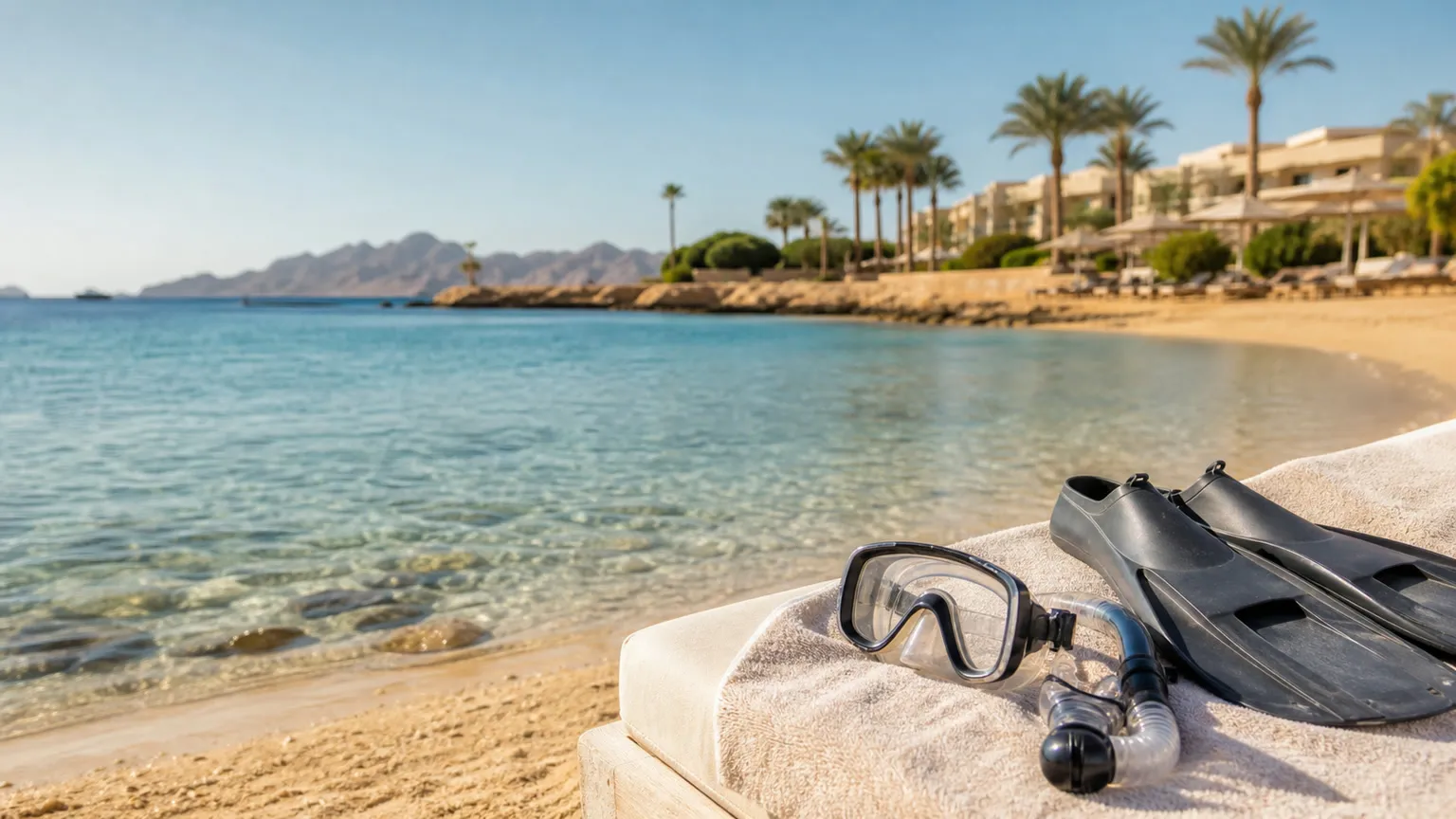 Snorkeludstyr på solseng ved turkis strand i Sharm El Sheikh med palmer og resort i baggrunden