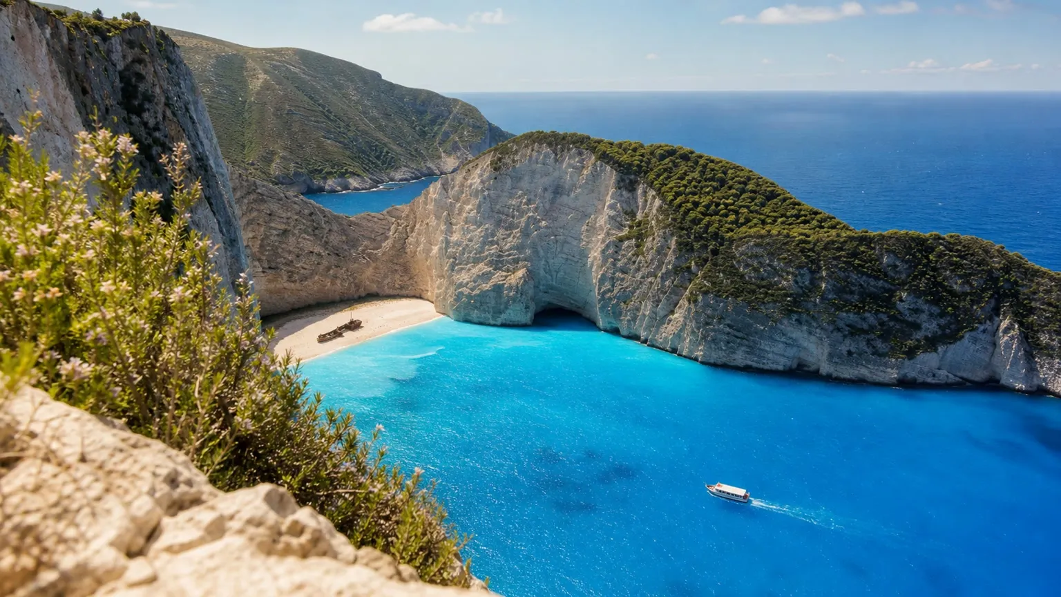 Udsigt over Navagio-bugten på Zakynthos med hvide klipper, turkisblåt hav og en lille båd på vandet