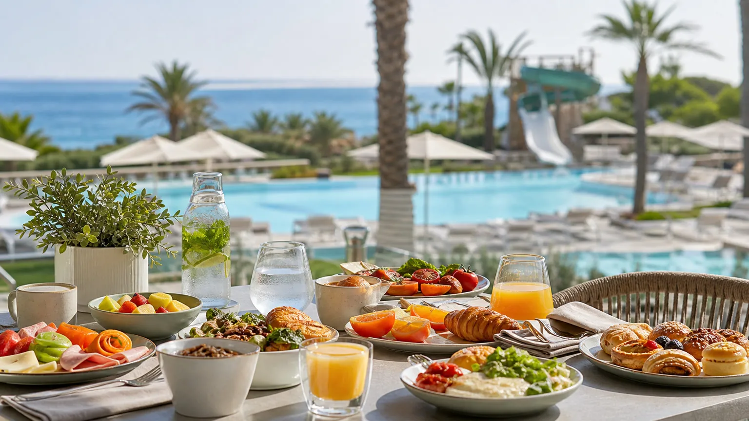 All inclusive morgenmad på resortterrasse med pool, palmer, vandrutsjebane og hav i baggrunden