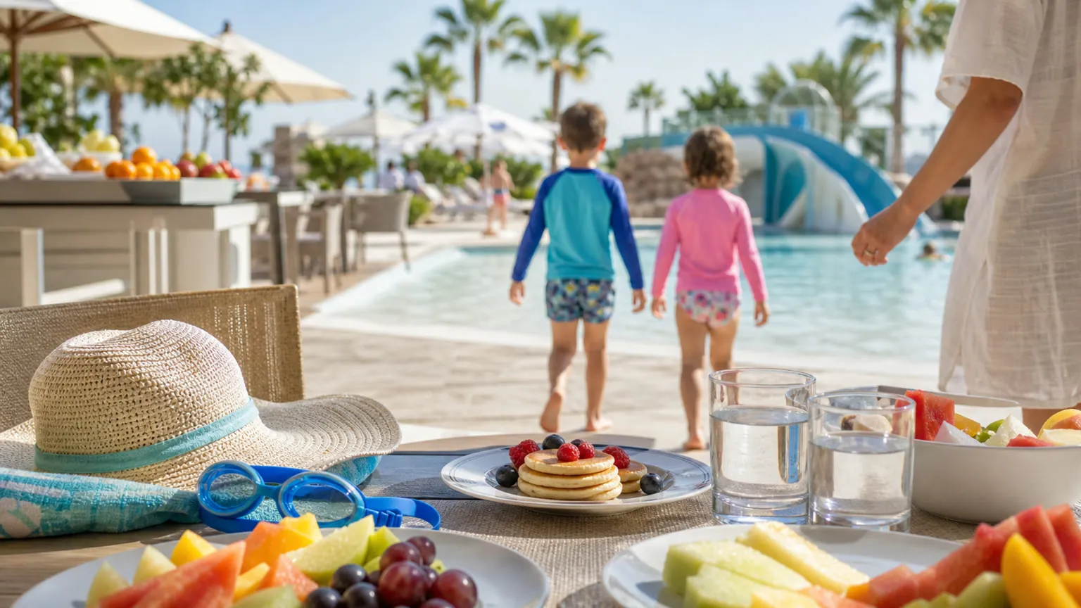 Resortpool med vandrutsjebane, børnebuffet og børn set bagfra på familievenligt all inclusive-hotel