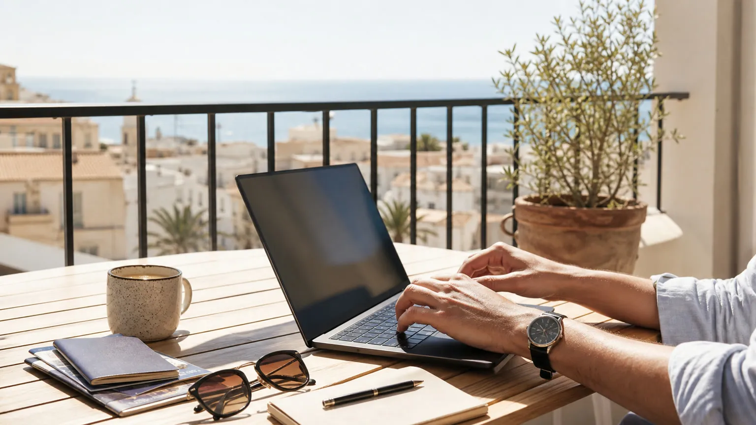 Remote arbejde på laptop ved solrig altan med kaffe, notesbog og rejsedokumenter med havudsigt i baggrunden