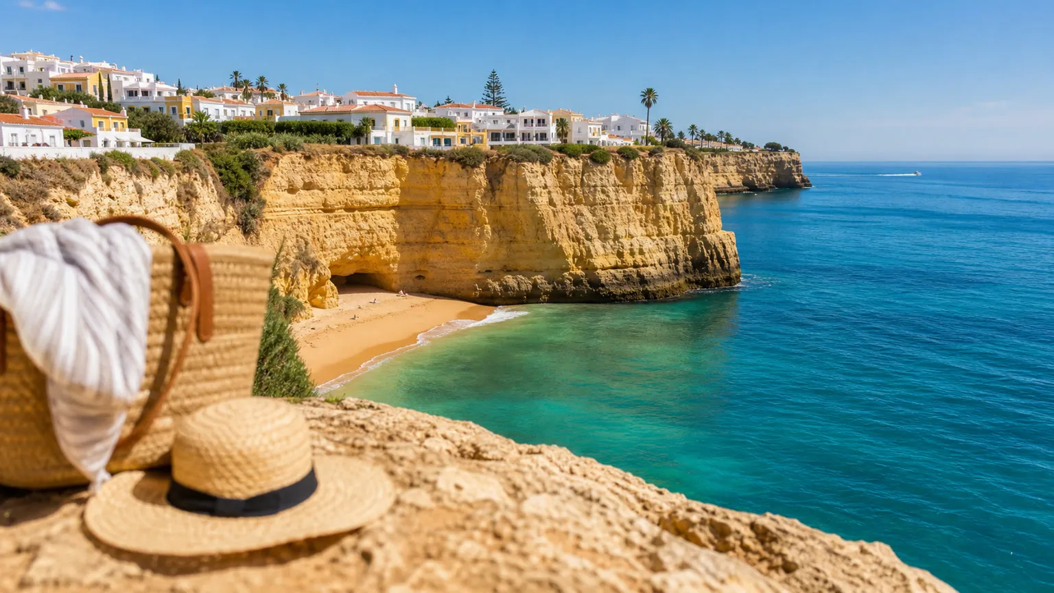 Udsigt over Algarves gyldne klipper, lille sandstrand og hvide kysthuse med strandtaske og stråhat i forgrunden