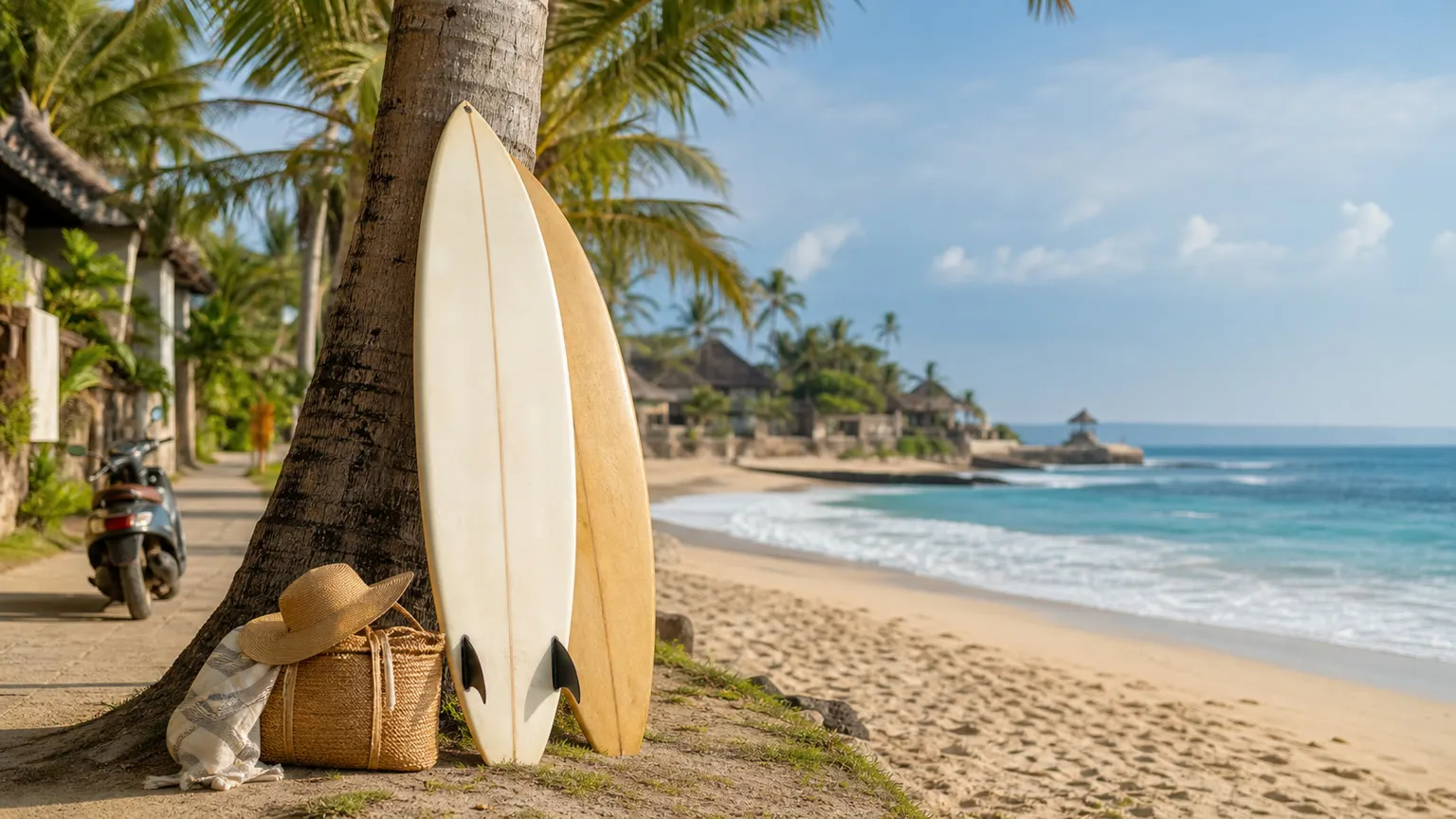 Surfboards, strandtaske og palmer ved en rolig balinesisk strandby med turkist hav