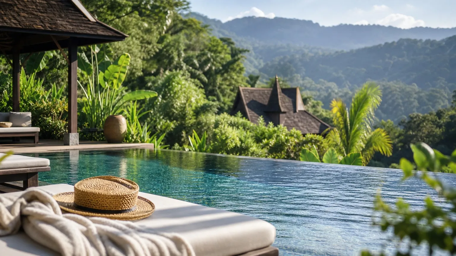 Infinitypool i Chiang Mai omgivet af tropisk grønt og bjerge med stråhat på en solseng i forgrunden
