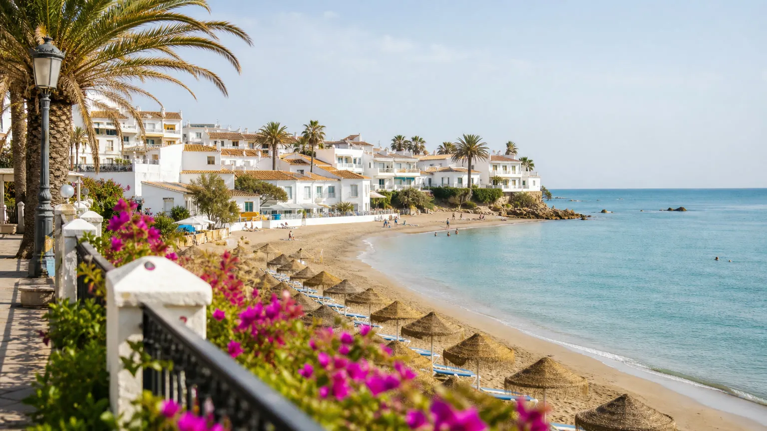 Solrig strandpromenade ved Costa del Sol med hvidkalkede huse, palmer, parasoller og roligt Middelhav