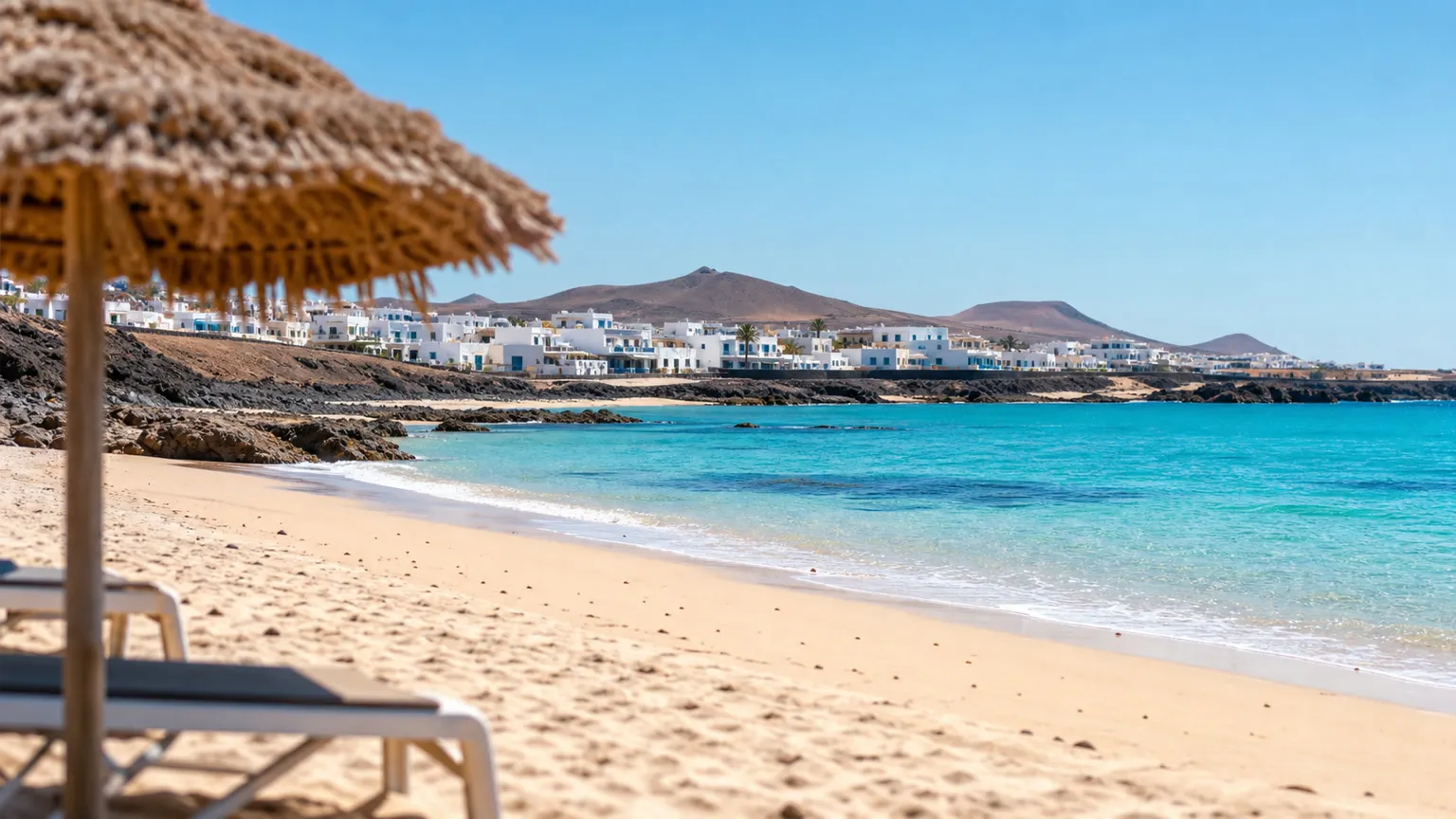 Strand på Fuerteventura med turkisblåt hav, stråparasol, hvide badebyhuse og vulkanske bakker i baggrunden