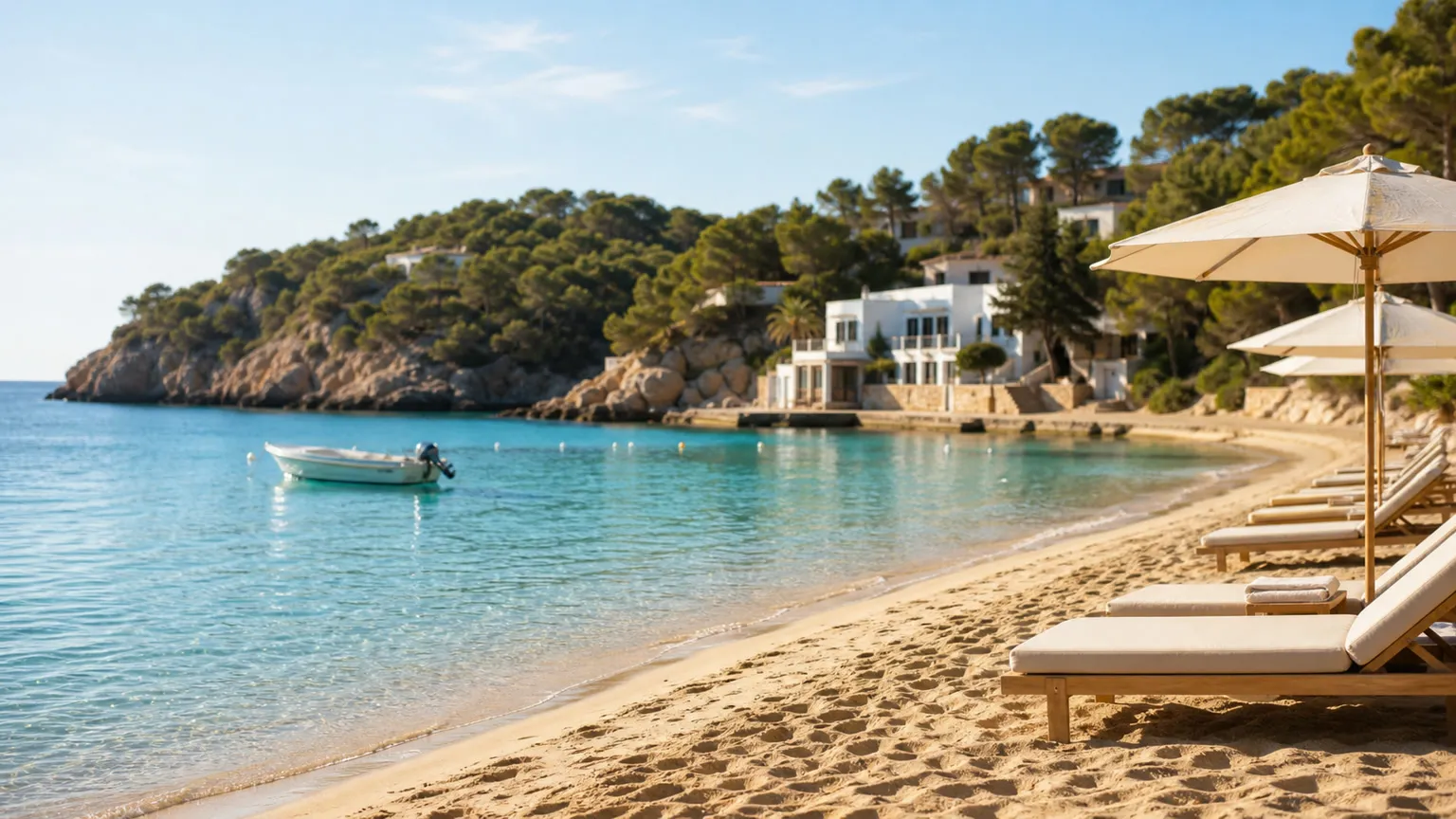 Solrig Ibiza-bugt med turkis vand, hvide kysthuse, parasoller og tomme liggestole på sandstranden