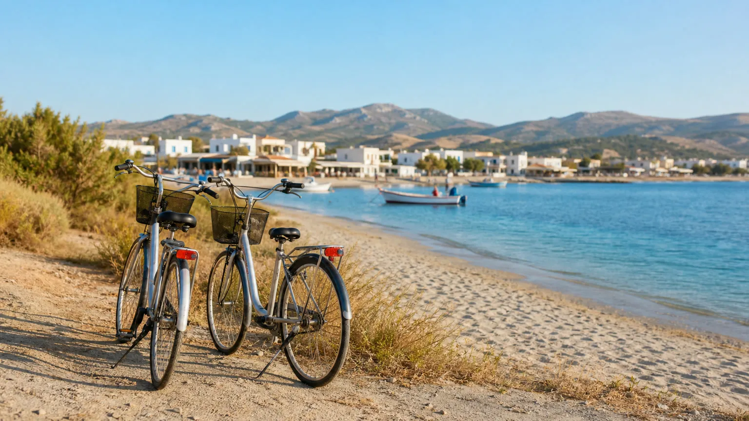 To cykler ved en sandstrand på Kos med turkisblåt hav, fiskerbåde og hvidkalkede huse i baggrunden
