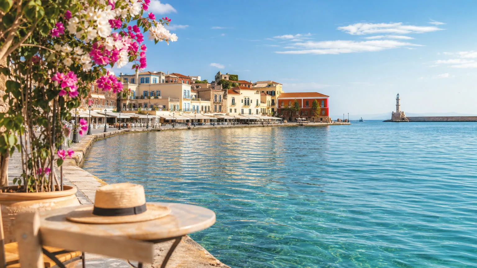 Chanias venetianske havn på Kreta med turkisblåt vand, farverige huse, bougainvillea og fyrtårn i morgensol