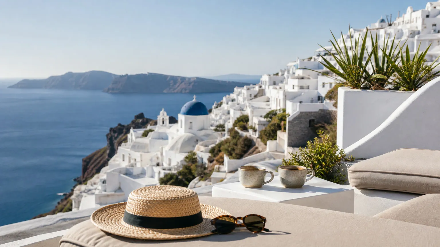 Caldera-terrasse på Santorini med stråhat, kaffekopper, hvide huse og udsigt over det blå Ægæerhav