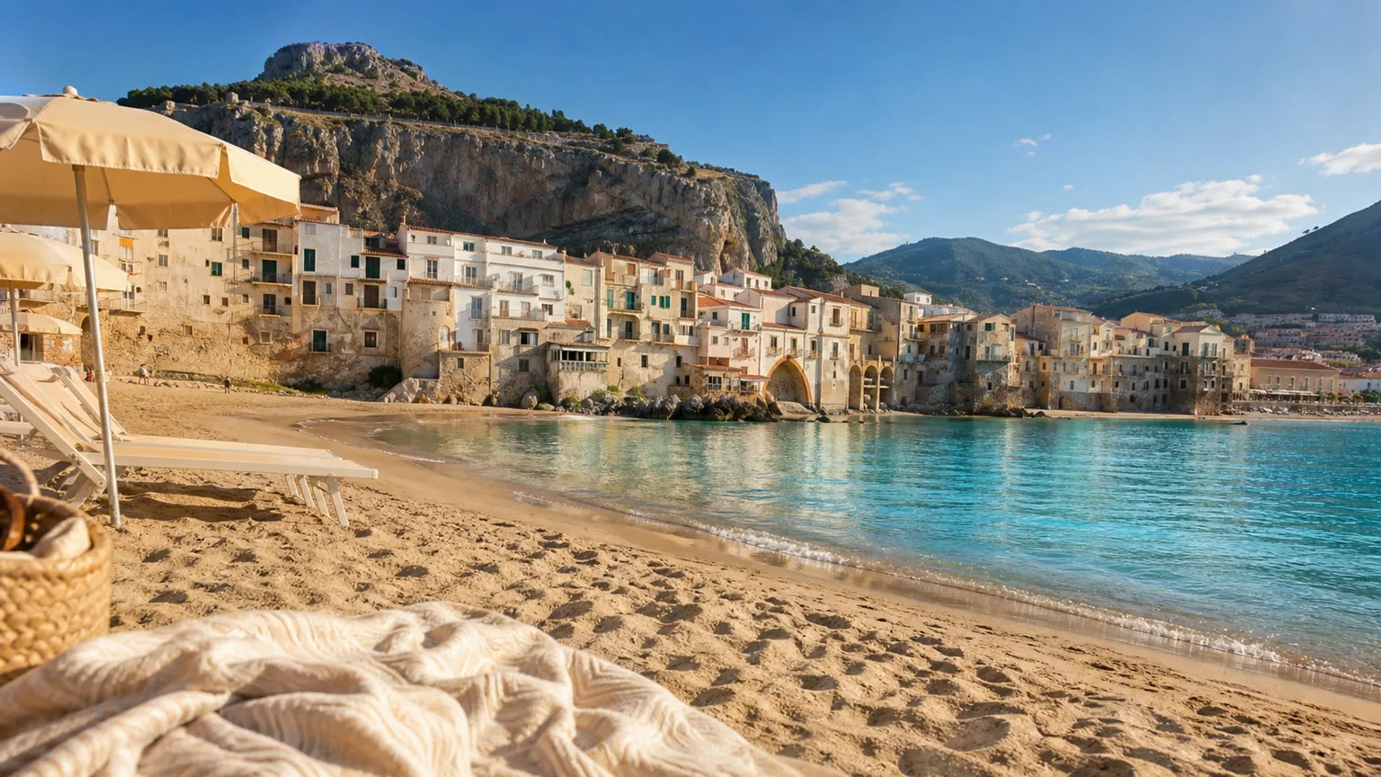 Solrig strand ved Cefalù på Sicilien med turkis hav, gamle huse og klipper i baggrunden