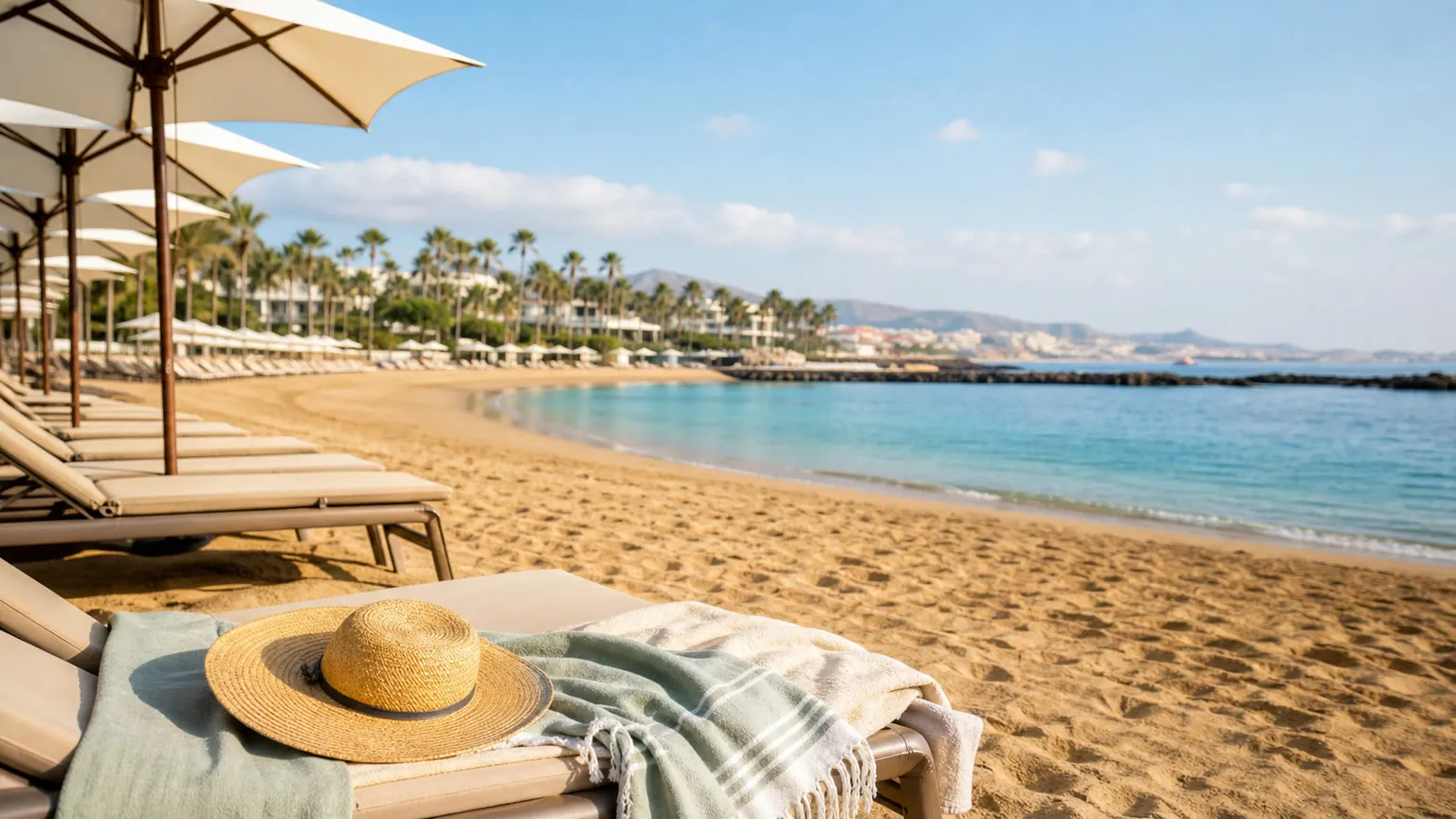 Solrig strand ved Costa Adeje på Tenerife med parasoller, palmer, gyldent sand og roligt turkis hav