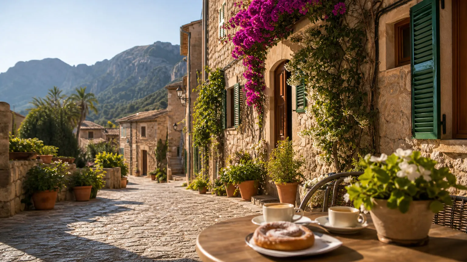 Solrig brostensgade i Valldemossa med grønne skodder, blomsterkrukker, cafébord og Tramuntana-bjerge i baggrunden