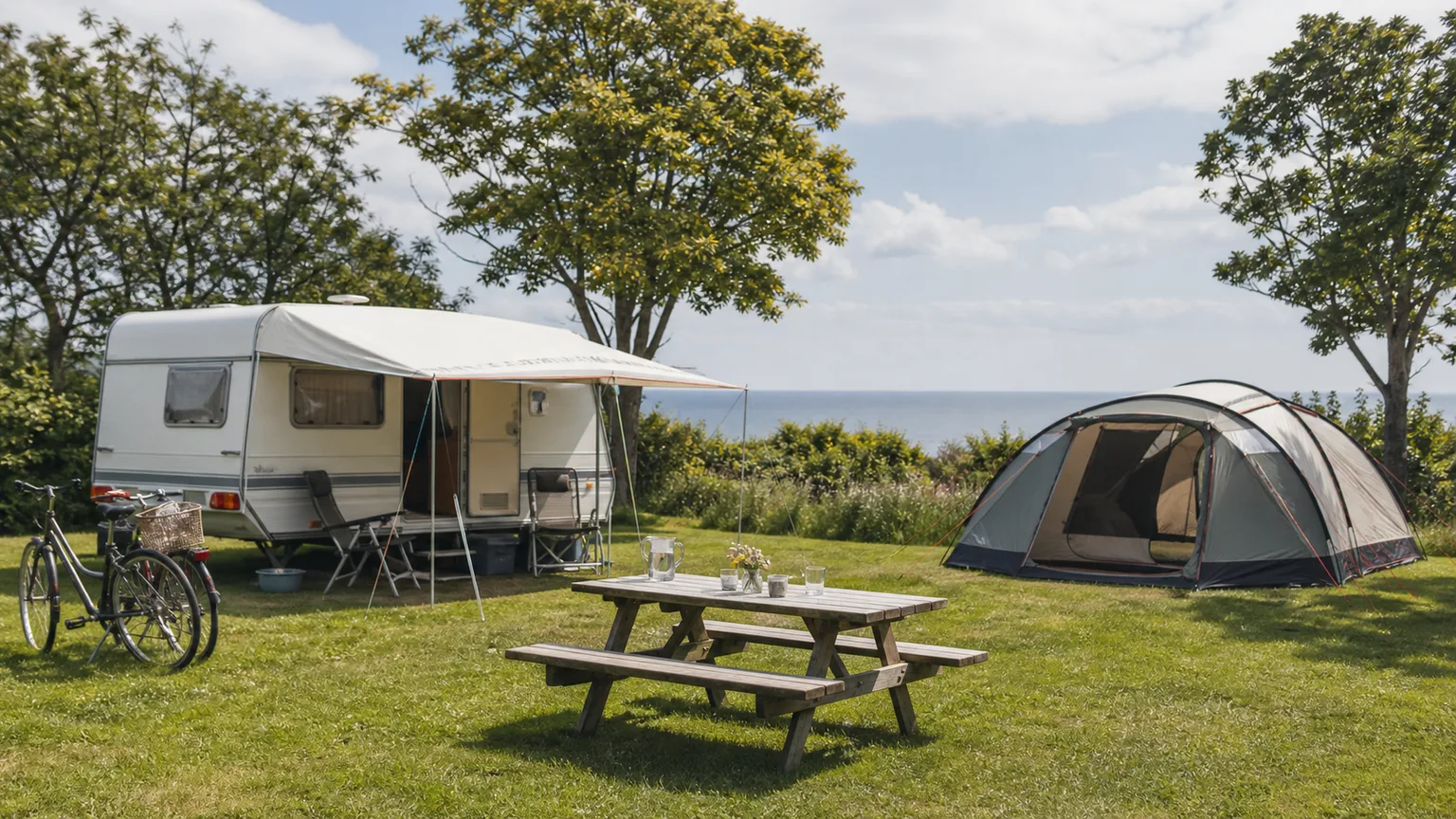 Familie foran telt og campingvogn på en dansk campingplads i sommersolen