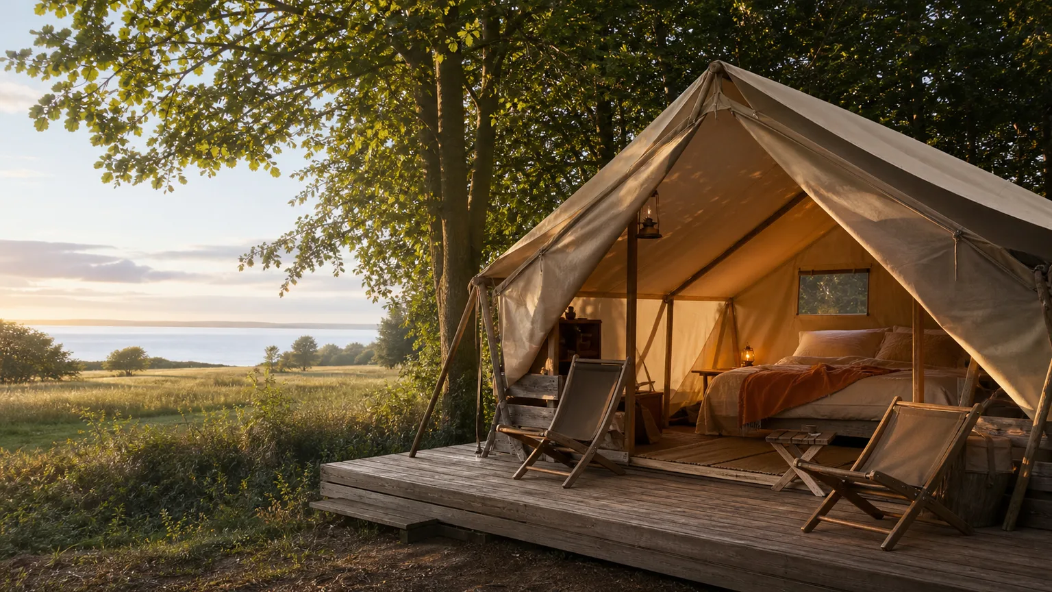 Komfortabelt indrettet safaritelt placeret i smuk dansk natur ved solnedgang