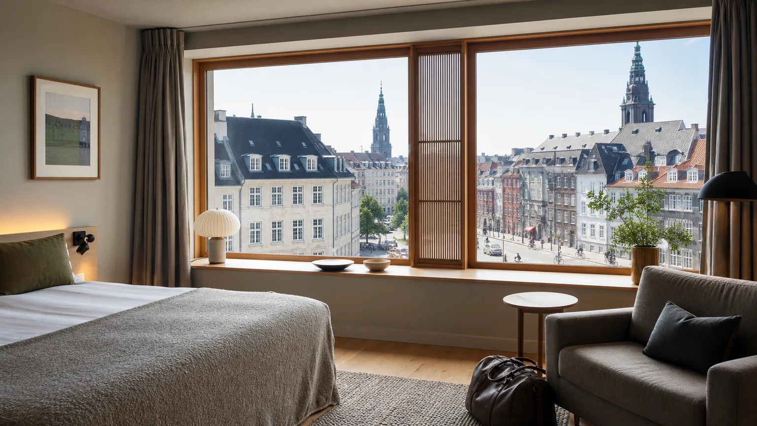 Københavnsk hotelværelse med udsigt til byens tårne