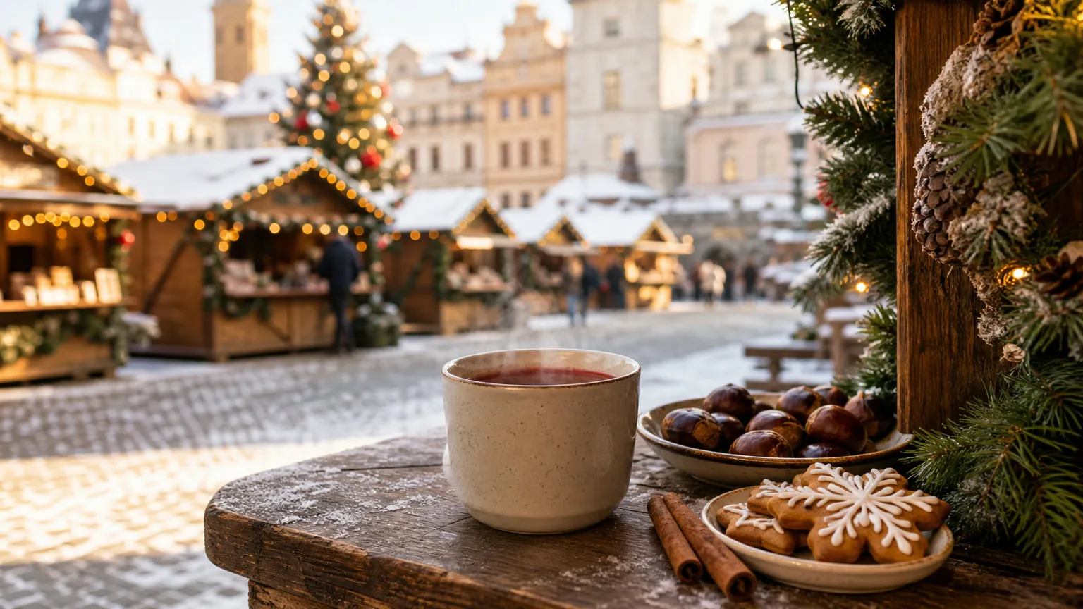 Keramikkrus med varm gløgg, kastanjer og julekager foran et sneklædt julemarked på historisk torv