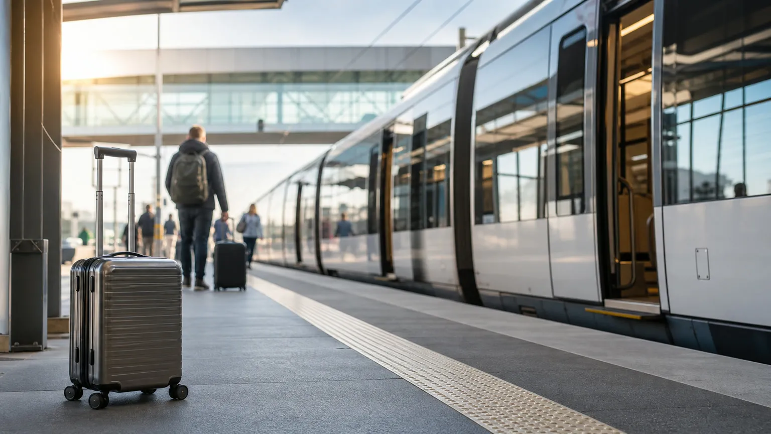 Kuffert på perron ved moderne lufthavnstog, klar til hurtig transport fra Krakow Lufthavn til centrum