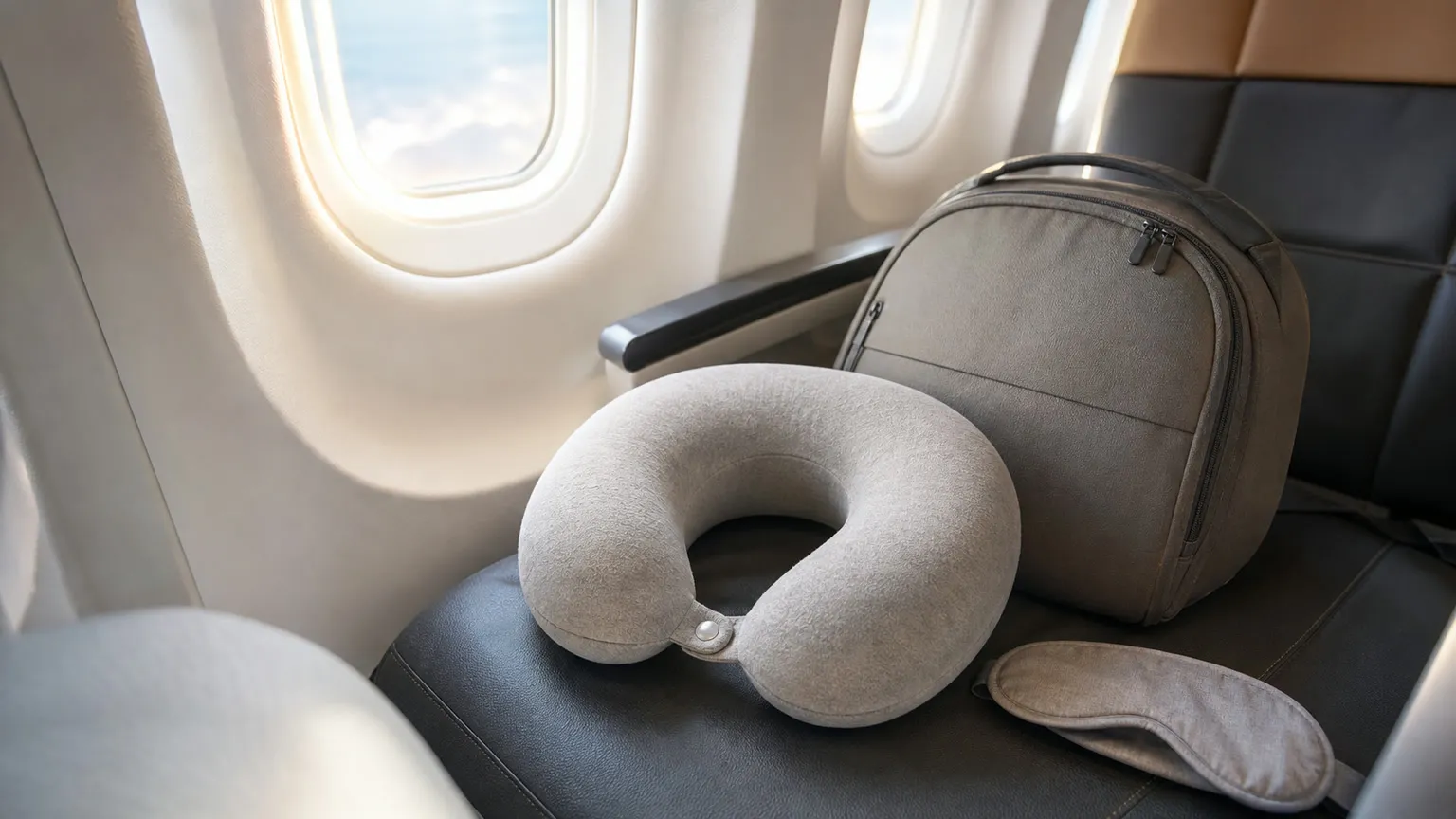 Grå memory foam-nakkepude på flysæde ved vinduet med lille rygsæk og sovemaske i naturligt lys