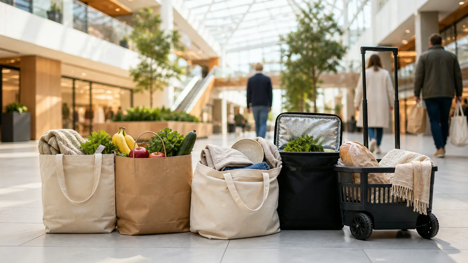 Indkøbsposer med madvarer og tekstiler i et lyst moderne shoppingcenter i Sydsverige