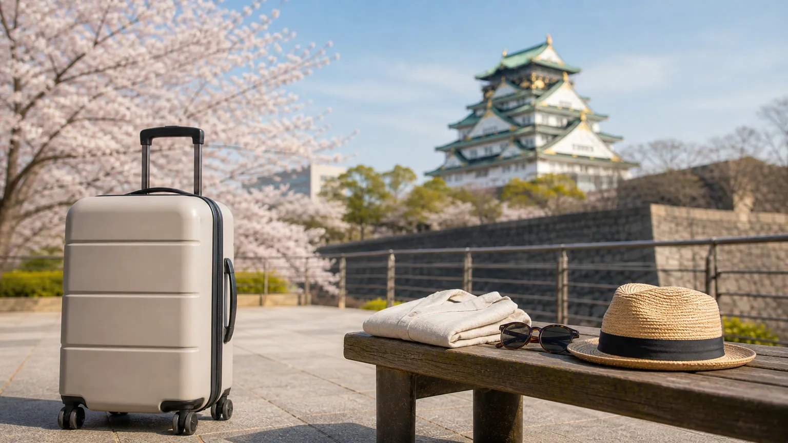 Rejsekuffert og solhat ved kirsebærblomster foran Osaka Castle i klart morgenlys