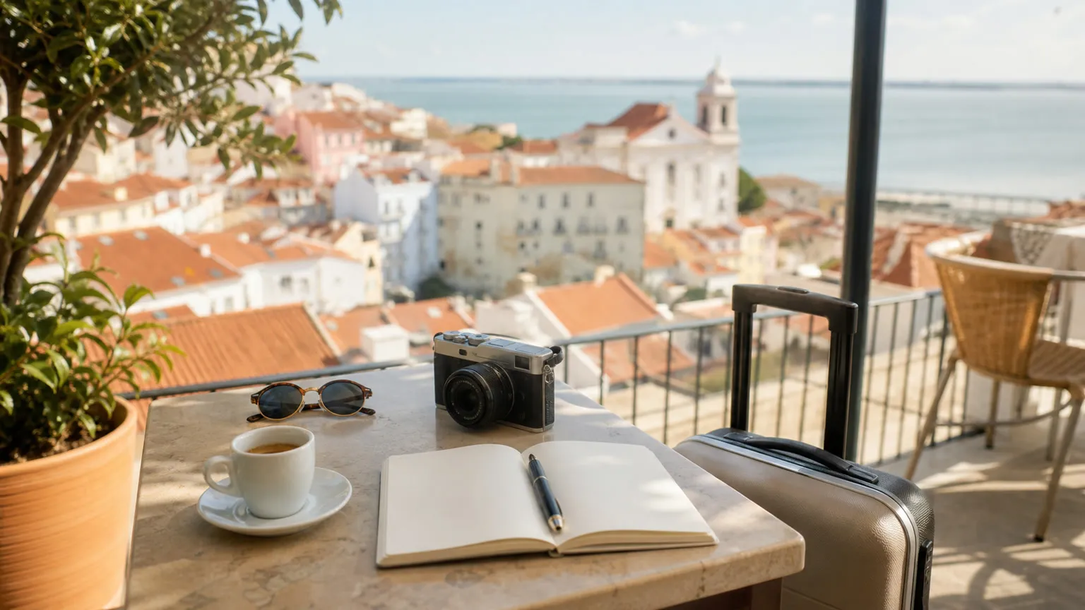 Solrig caféterrasse med rejsekamera, notesbog og kuffert over Lissabons tage og Atlanterhavet