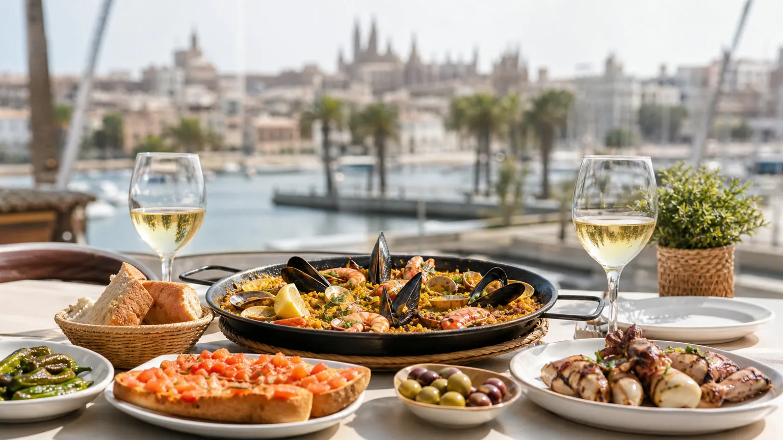 Solrig restaurantterrasse i Palma med paella, tapas og seafood foran havn og katedral i blød baggrund
