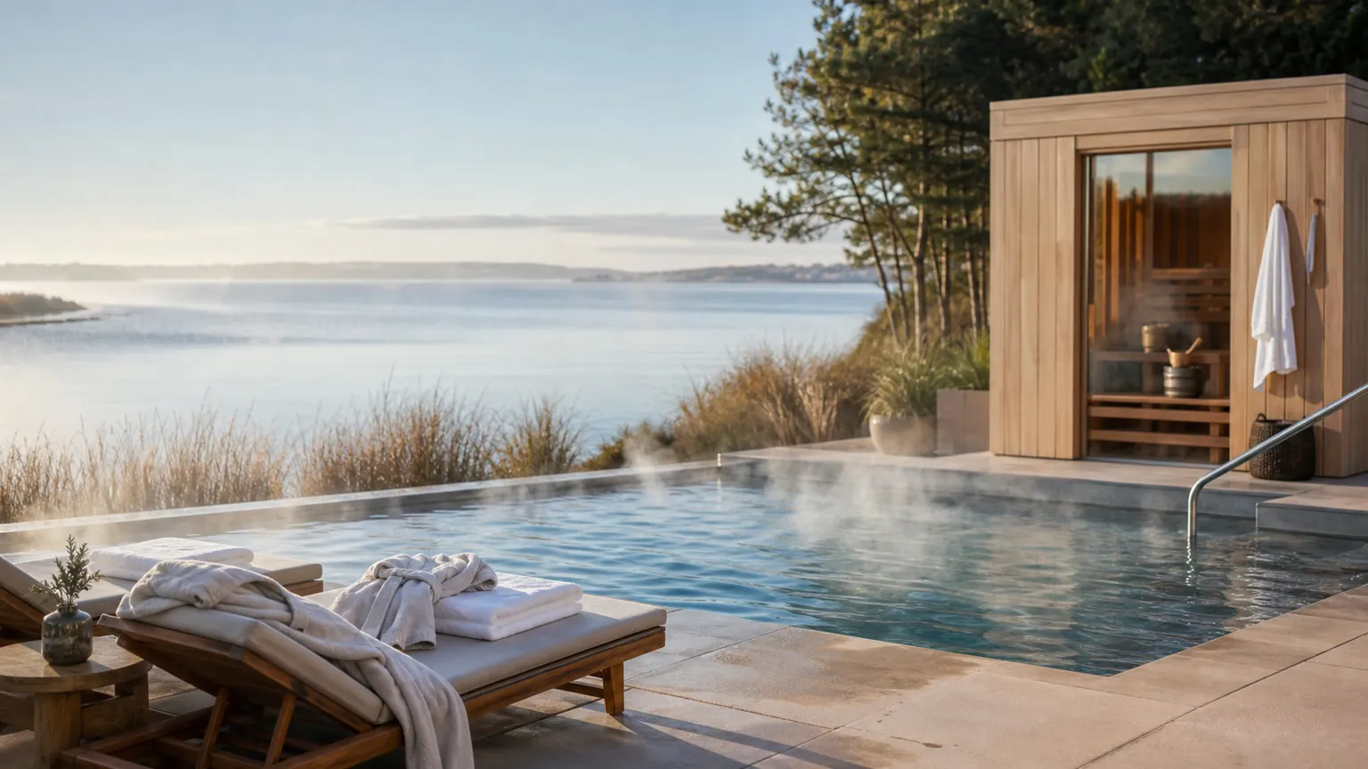 Dampende udendørs spa-pool og træsauna ved dansk fjord med badekåber på loungestole i morgensol