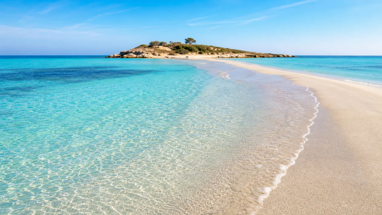Nissi Beach på Cypern med turkisblåt lavt vand, hvid sandstrand og sandbanke mod en lille klippeø