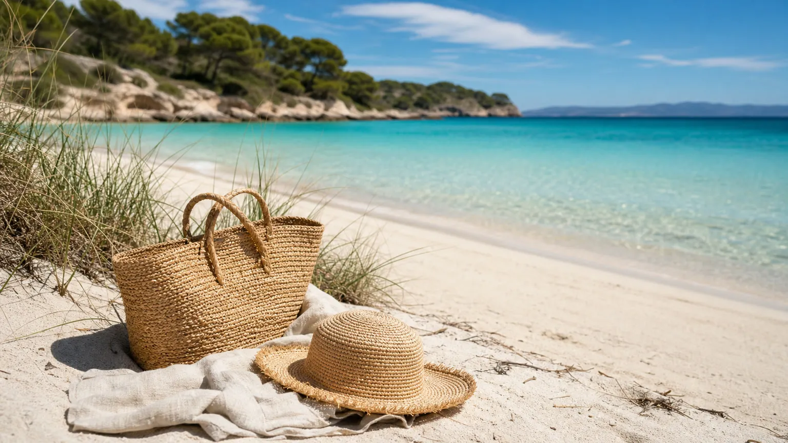 Strandtaske, stråhat og hørhåndklæde i klitterne ved en turkisblå strand på Mallorca