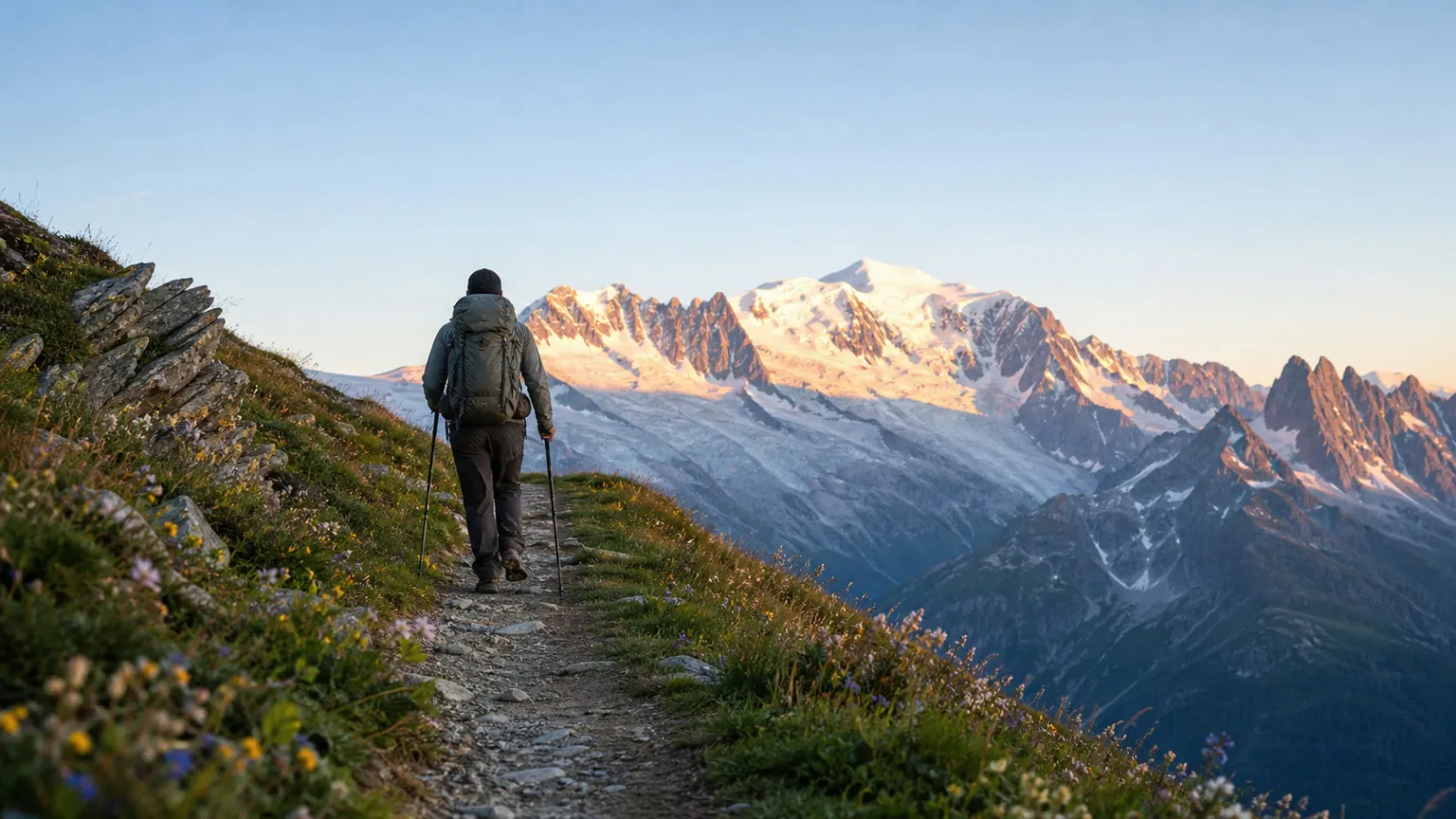 Vandrer set bagfra på alpin sti med Mont Blanc i solopgang og vilde blomster i forgrunden