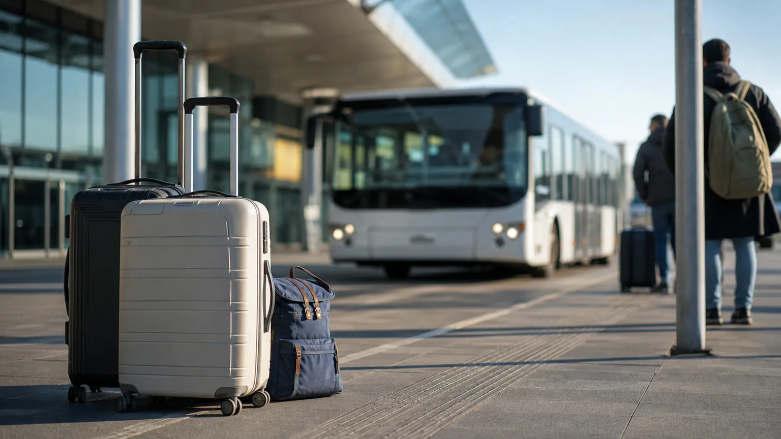 Kufferter ved lufthavnskanten med en shuttlebus i baggrunden klar til turen mod Budapests centrum