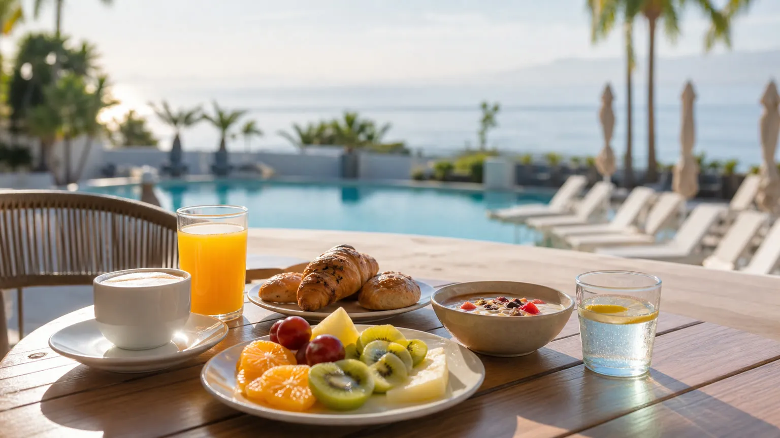 All inclusive morgenmad på solrig resortterrasse ved poolen med havudsigt i efteråret