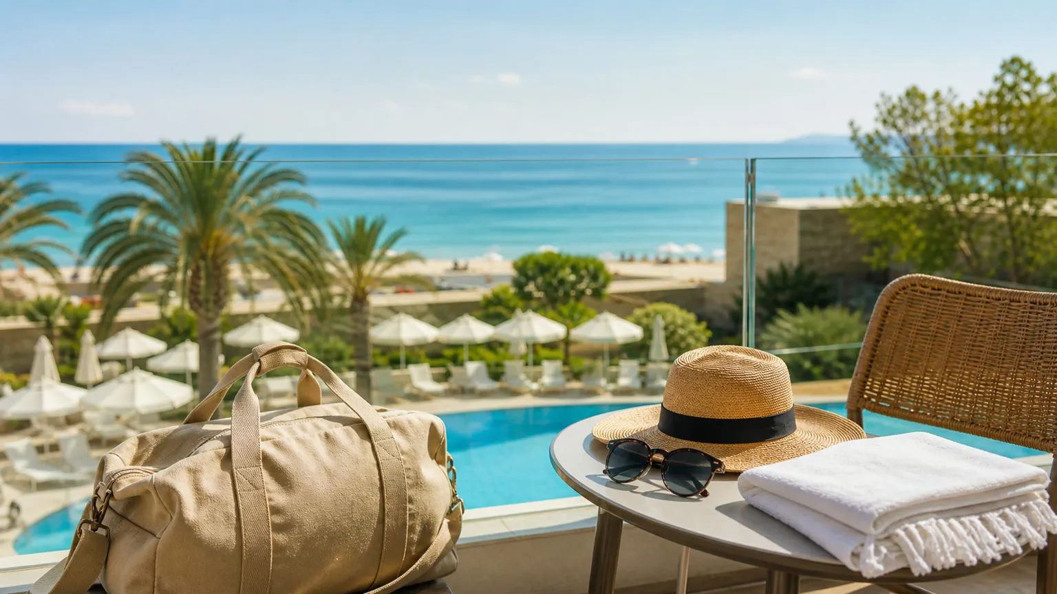 Rejsetaske, solhat og håndklæde på hotelbalkon med pool, palmer og turkis Middelhav i baggrunden