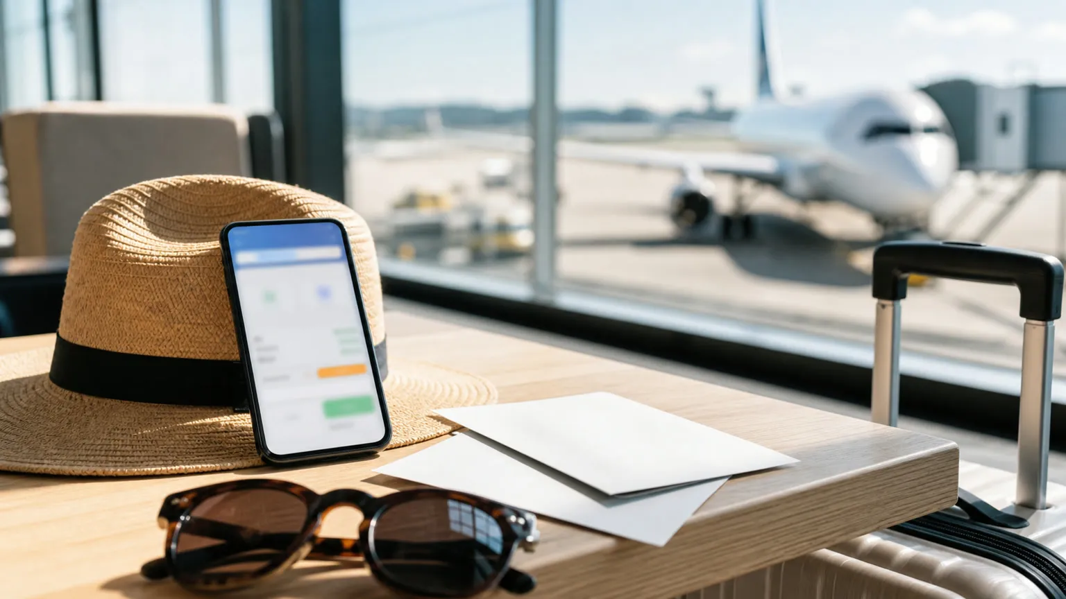 Sommerhat, solbriller, mobil og kuffert i lys lufthavnslounge med fly udenfor