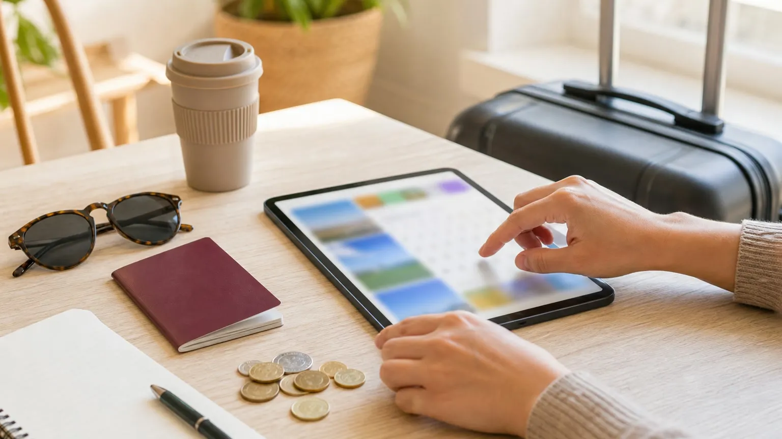 Hænder sammenligner rejser på en tablet ved et lyst bord med pas, mønter, solbriller og kuffert.