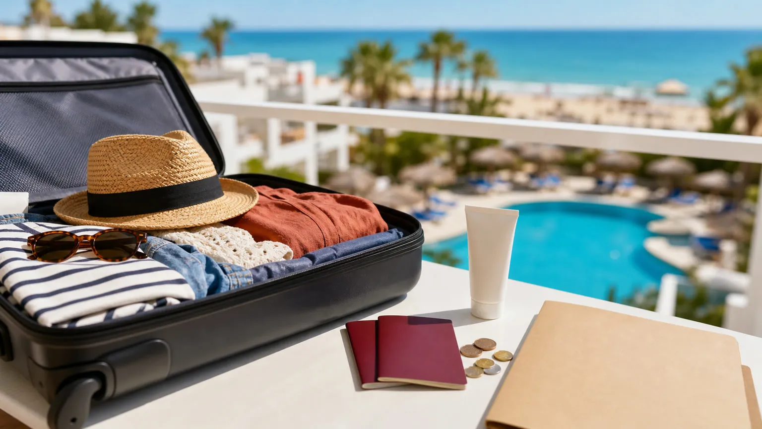 Åben kuffert på solrig hotelbalkon med pool, strand, pas og mønter til en billig sommerferie