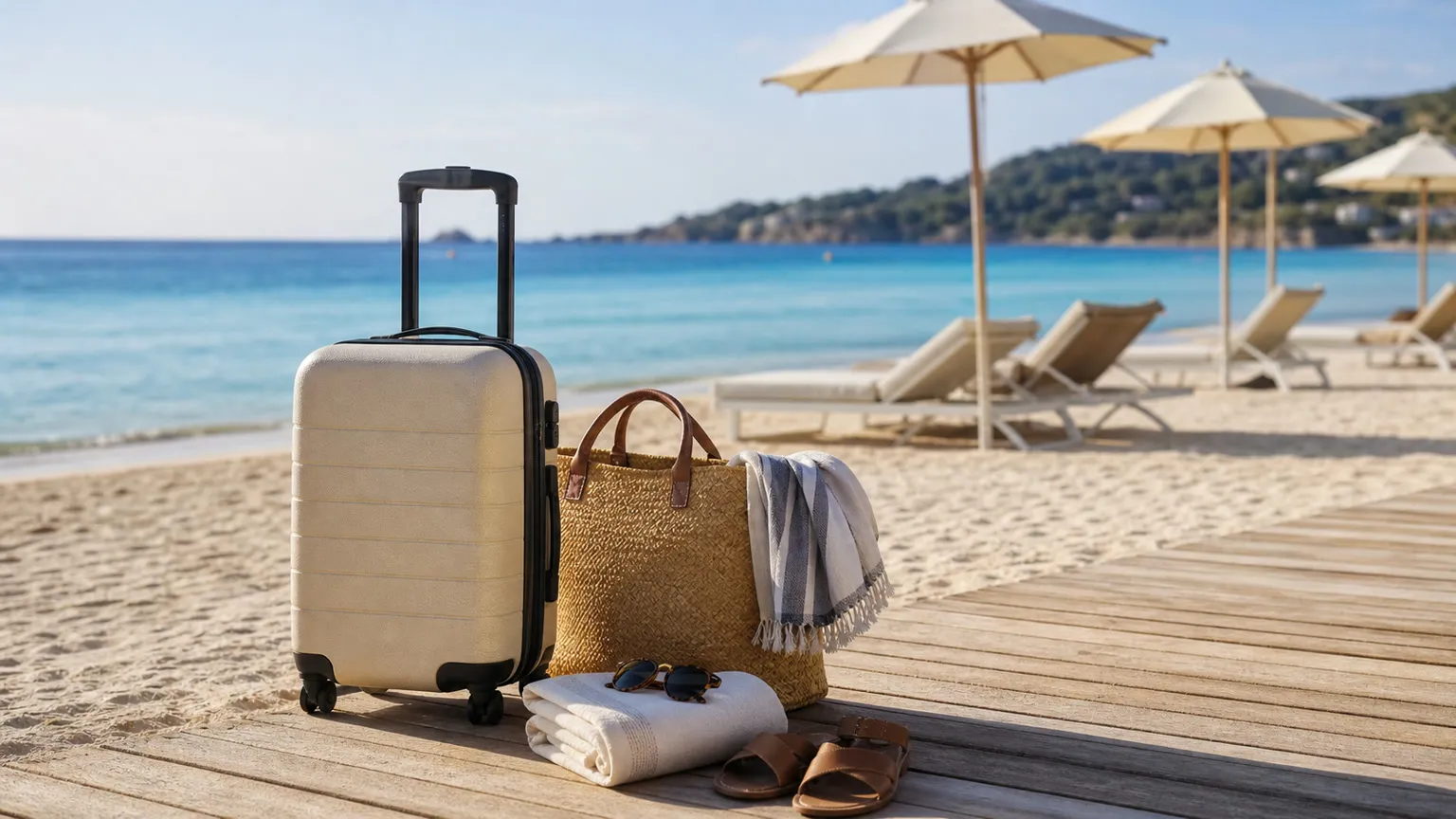 Kuffert og strandtaske på solrig middelhavsstrand med tomme solsenge og turkisblåt hav i baggrunden