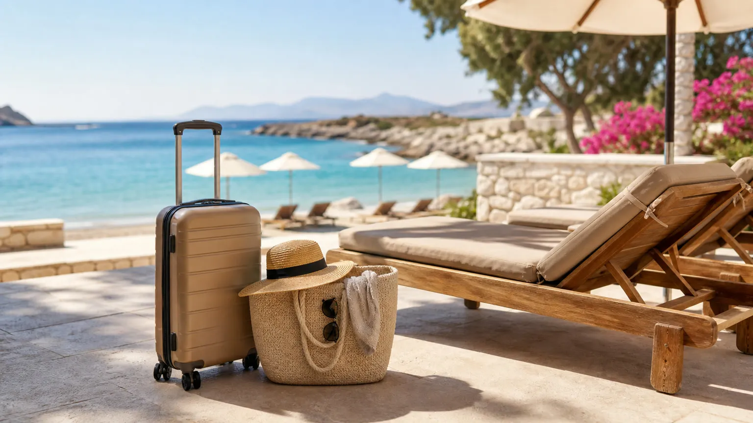 Kuffert og strandtaske ved en rolig middelhavsstrand med solsenge, parasoller og turkisblåt hav i maj