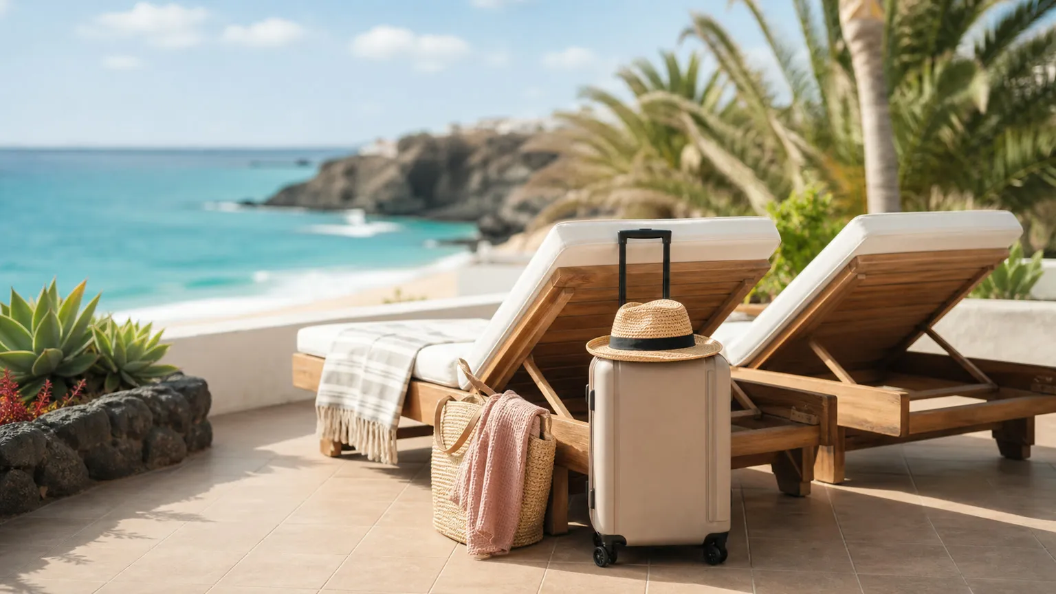 Kuffert og solhat ved tomme liggestole på en solrig strandterrasse i lavsæsonen