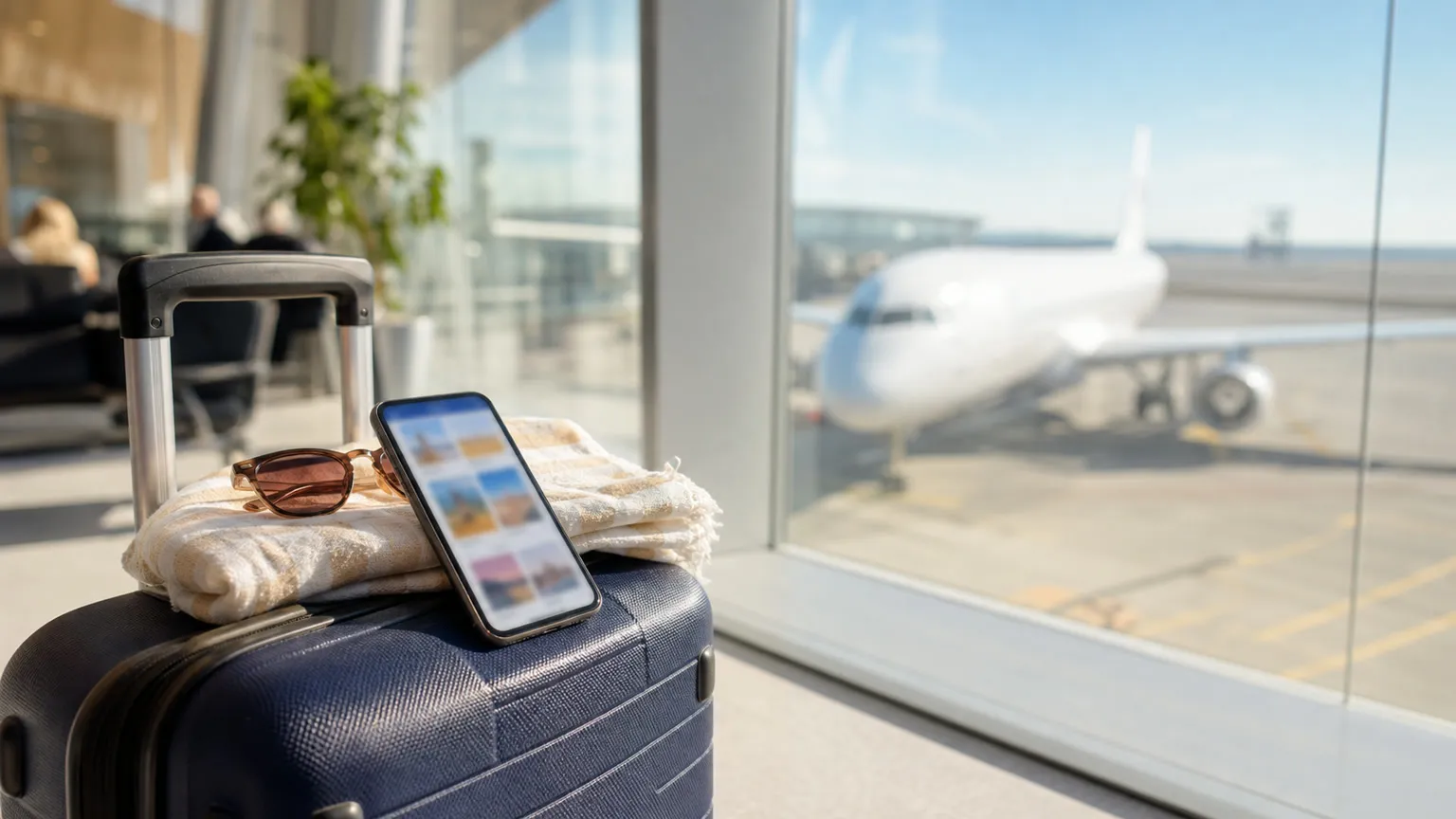 Pakket håndbagage og mobil ved en lys lufthavnsgate med uskarpt fly klar til afgang