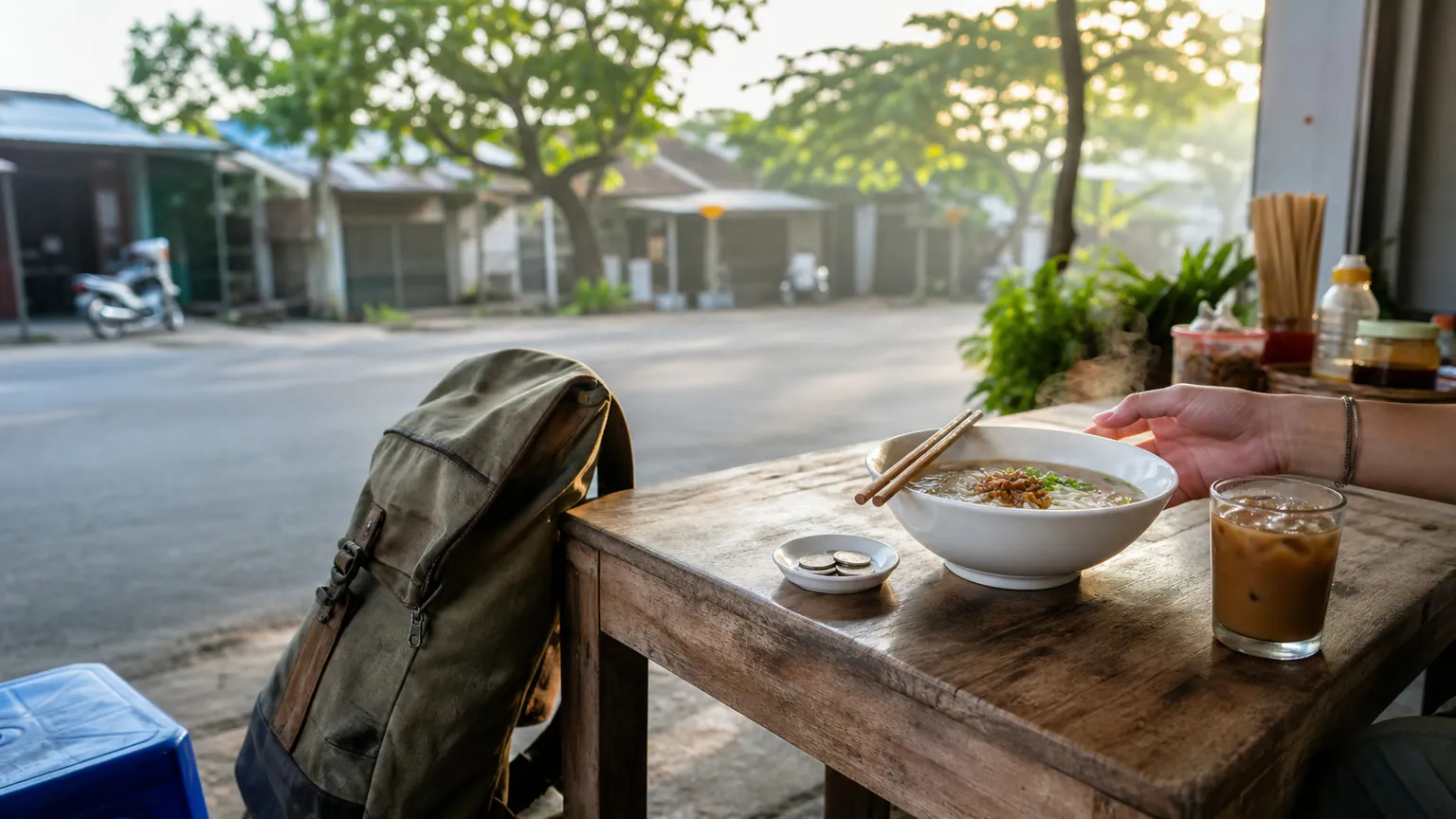 Rygsæk ved et enkelt gademadbord med nudelsuppe og iskaffe i varmt morgenlys