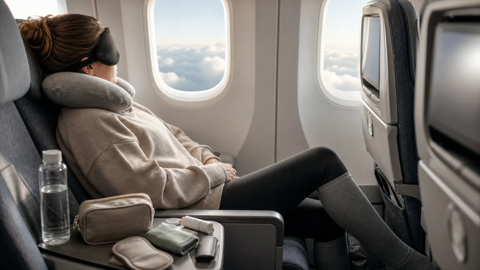 Flypassager med sovemaske, nakkepude og høretelefoner ved vinduet