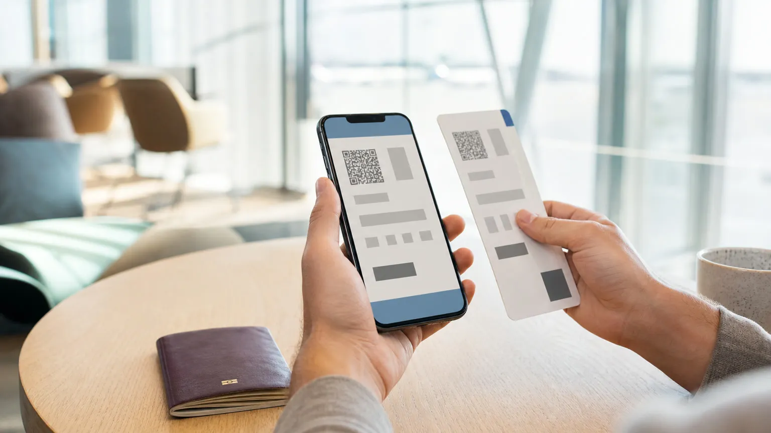 Hænder med mobil- og papirboardingkort ved et lyst lufthavnsbord, med pas og terminal blødt i baggrunden