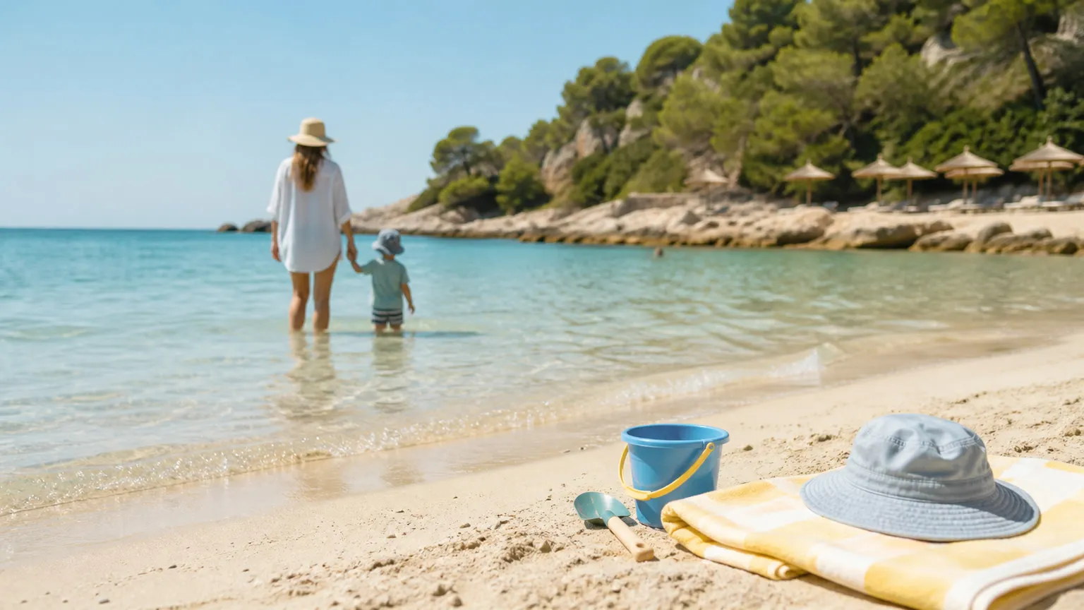 Lavvandet sandstrand med turkis vand, strandlegetøj i forgrunden og voksen med barn set bagfra