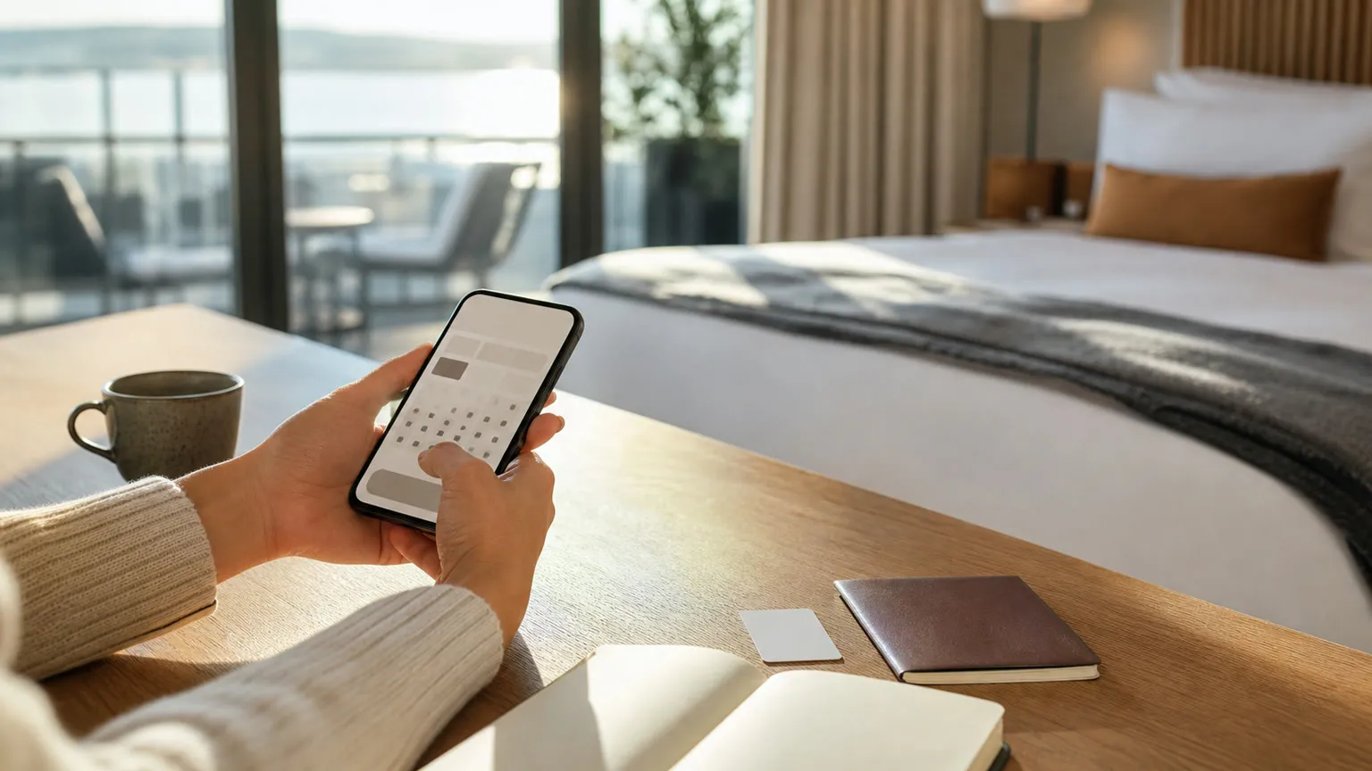 Hænder med smartphone ved lyst hotelværelsesbord med nøglekort, kaffe og seng i baggrunden