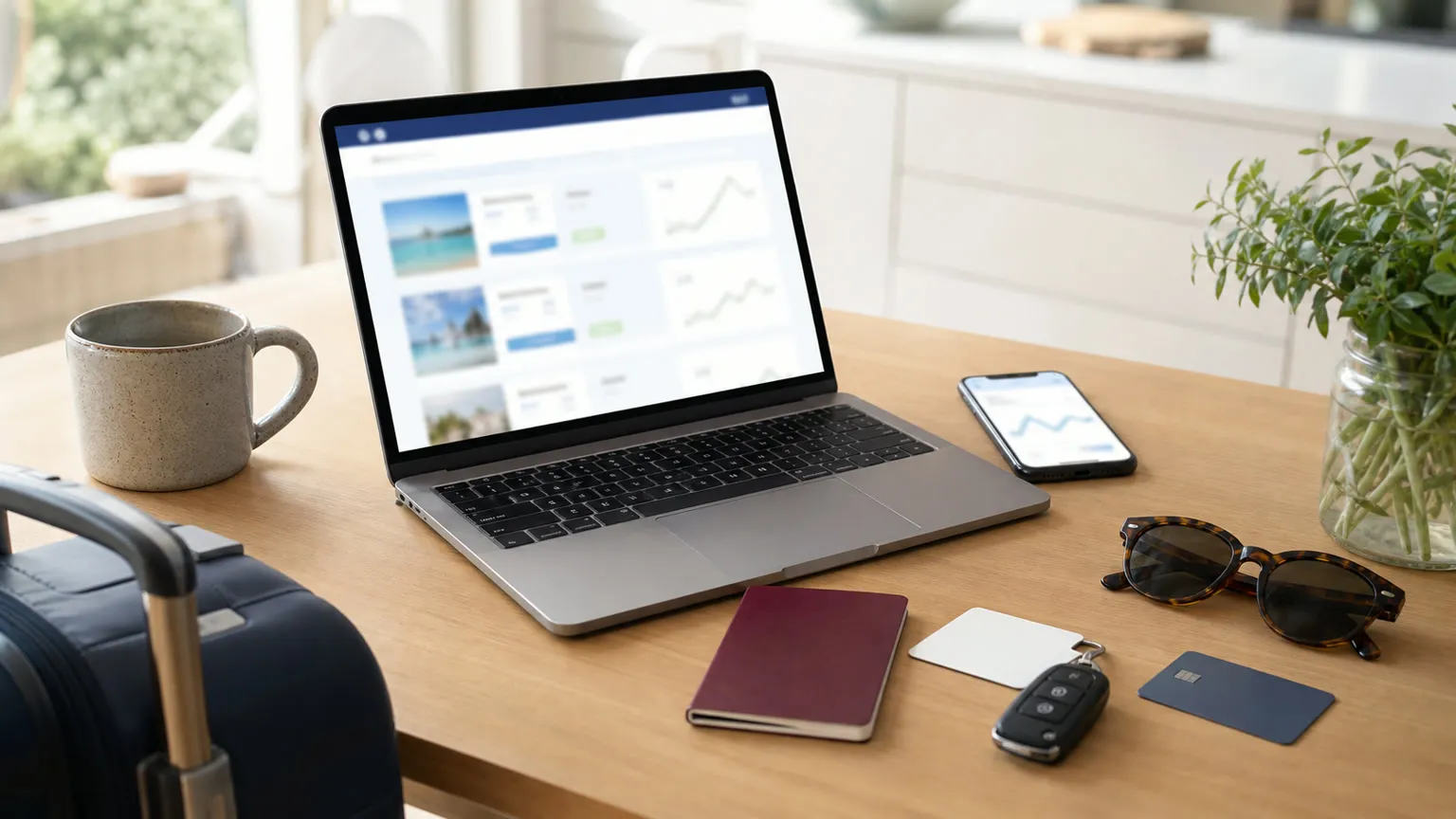 Rejsebooking på laptop med pas, kuffert, hotelkort og bilnøgle på lyst skandinavisk bord