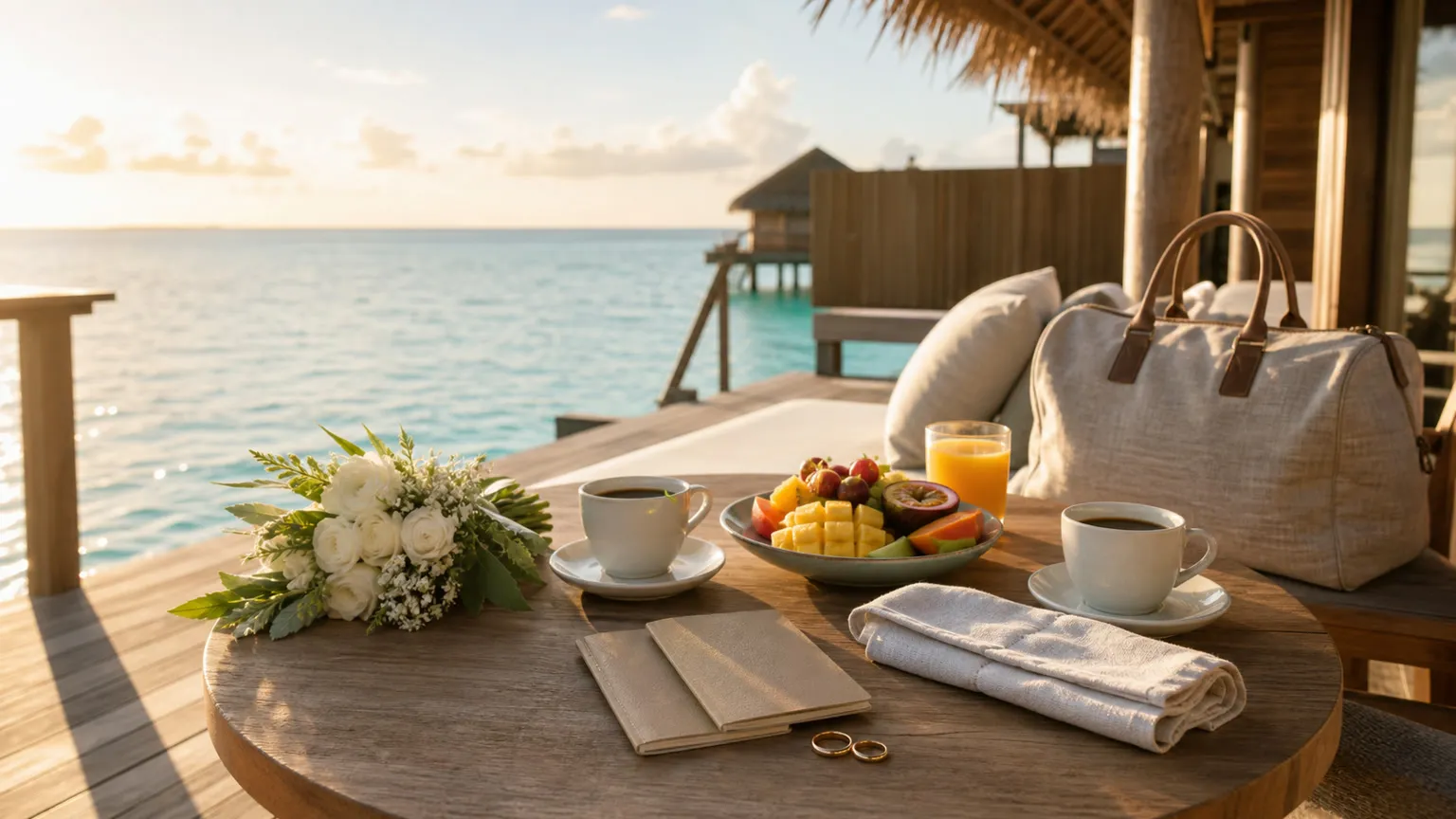 Morgenmad for to med brudebuket og vielsesringe på en overwater-terrasse ved turkisblåt hav